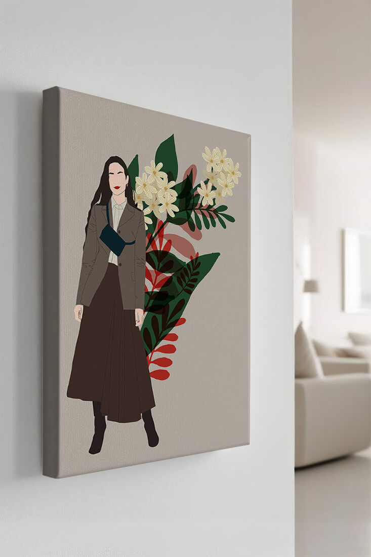 Elegant woman illustration with floral background in earthy tones
