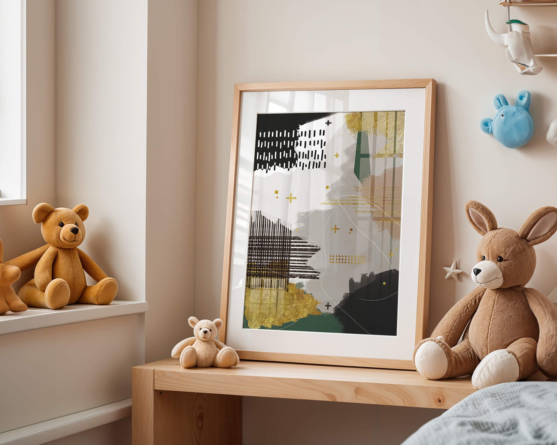 Abstract mixed media art with gold and geometric patterns