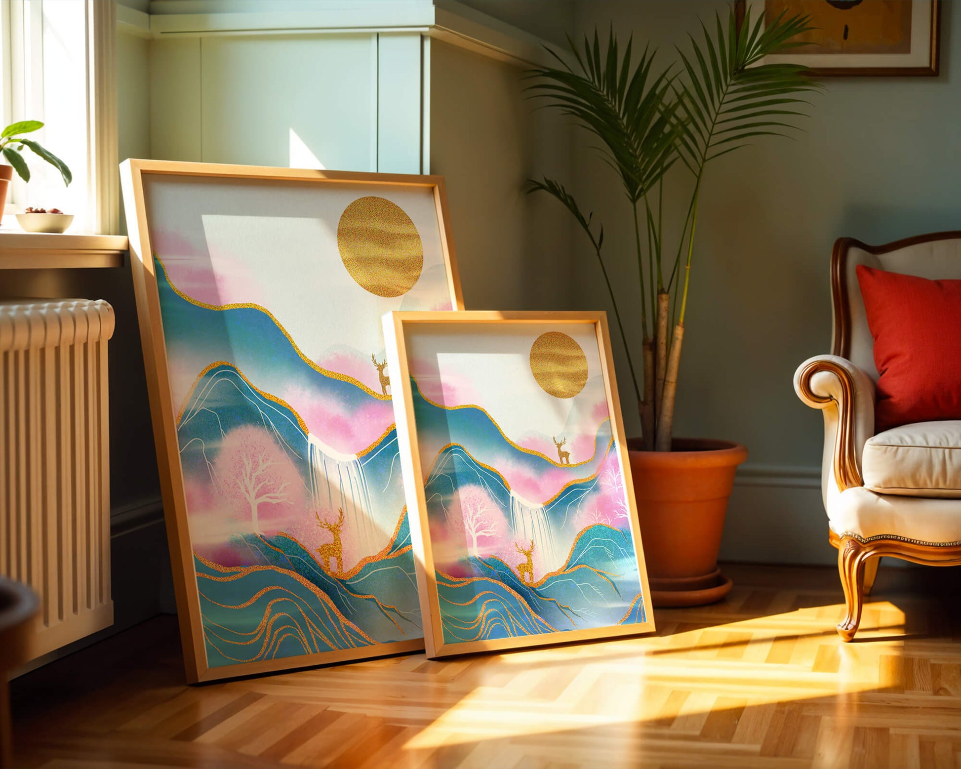 Golden deer in a pastel mountain landscape with pink skies