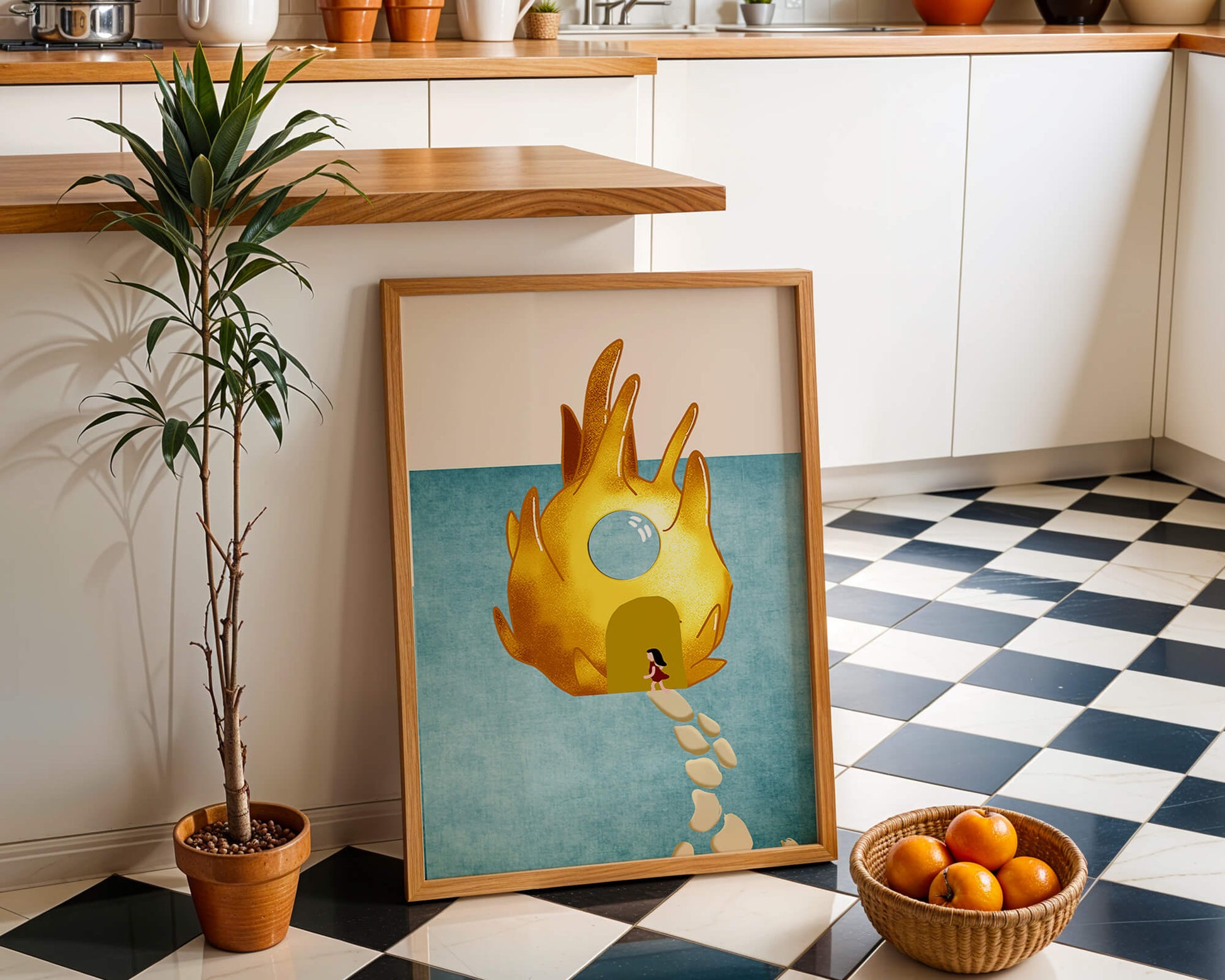 Enchanted House With Golden Flame Shape On Light Blue Background