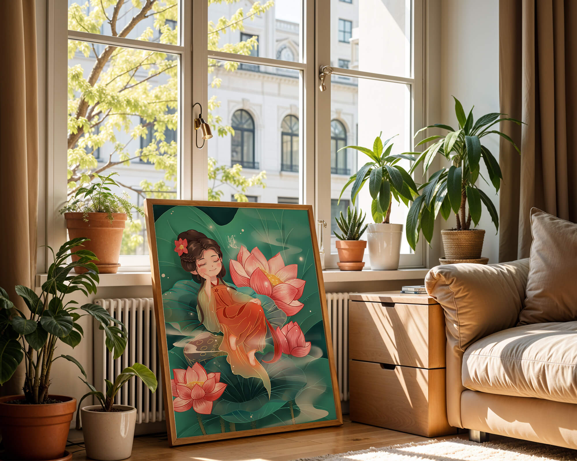 Charming illustration of a girl resting amidst lotus flowers