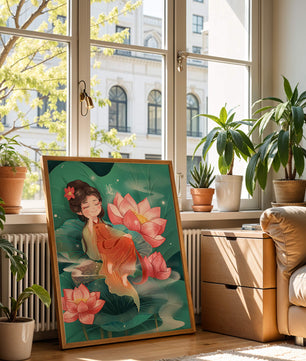 Charmante illustration d'une fille se reposant parmi des fleurs de lotus