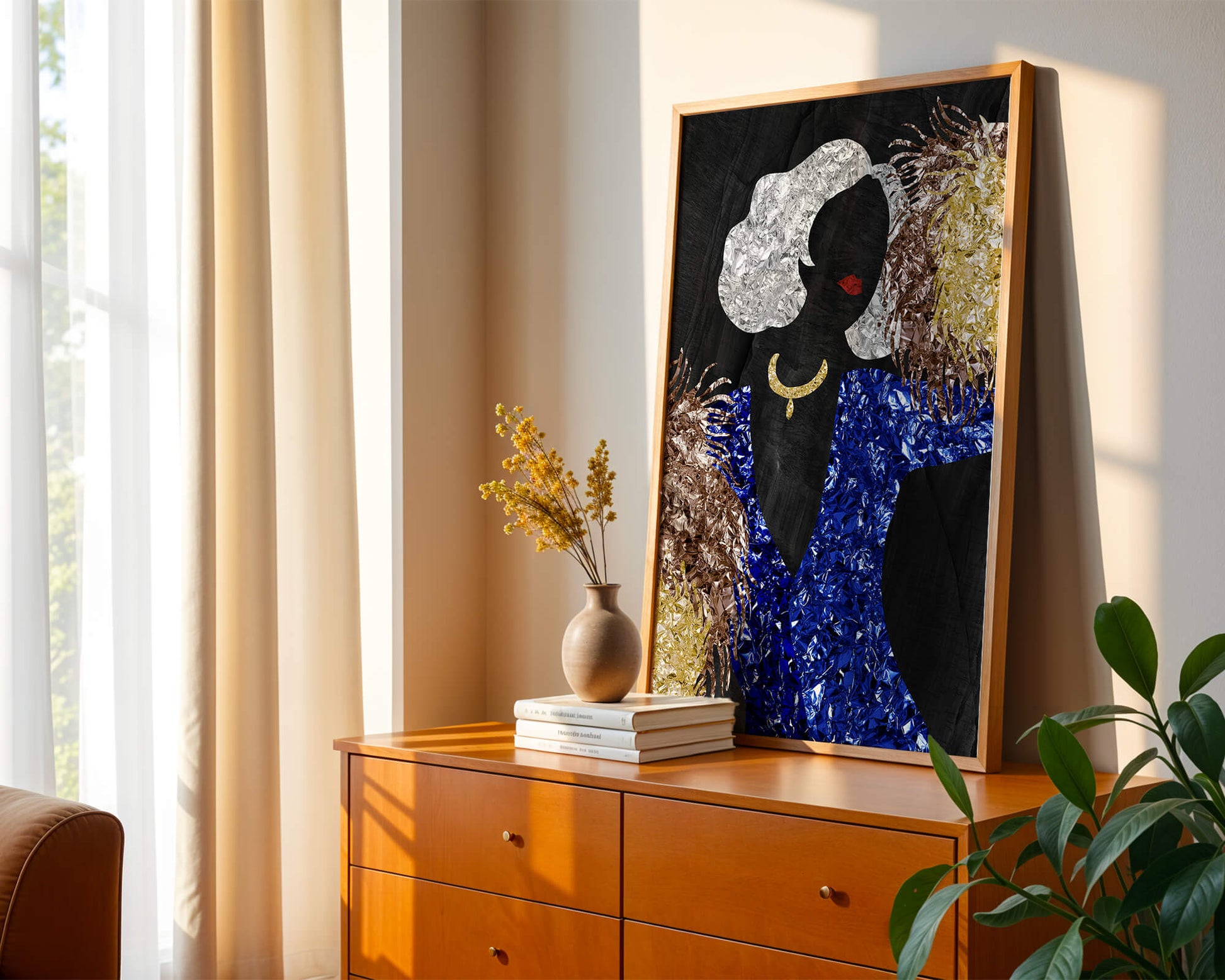 Abstract art with colorful foil textures and silhouette