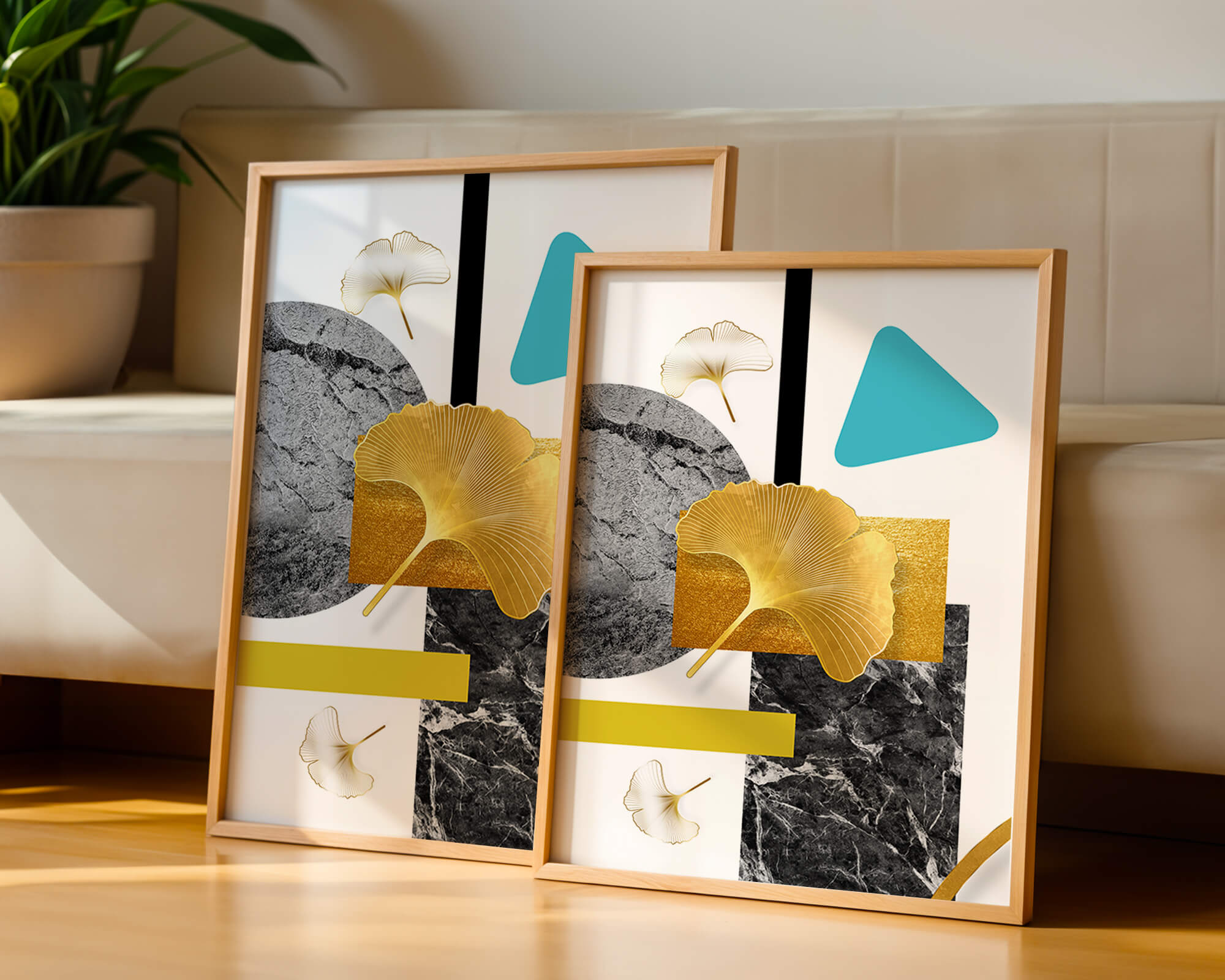 Geometric Abstract Composition with Gold Ginkgo Leaves
