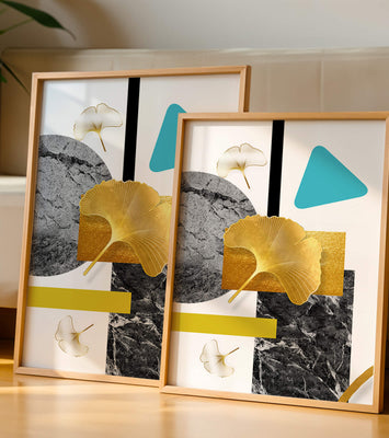 Geometric Abstract Composition with Gold Ginkgo Leaves