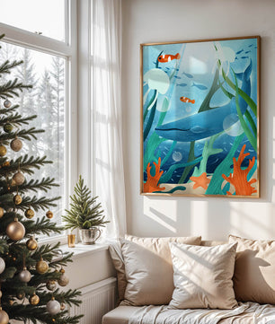 Underwater scene with whale, fish, and sea plants illustration