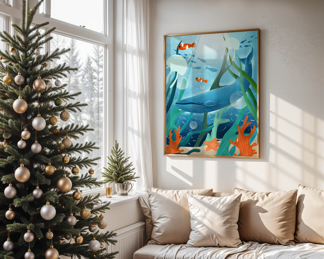 Underwater scene with whale, fish, and sea plants illustration