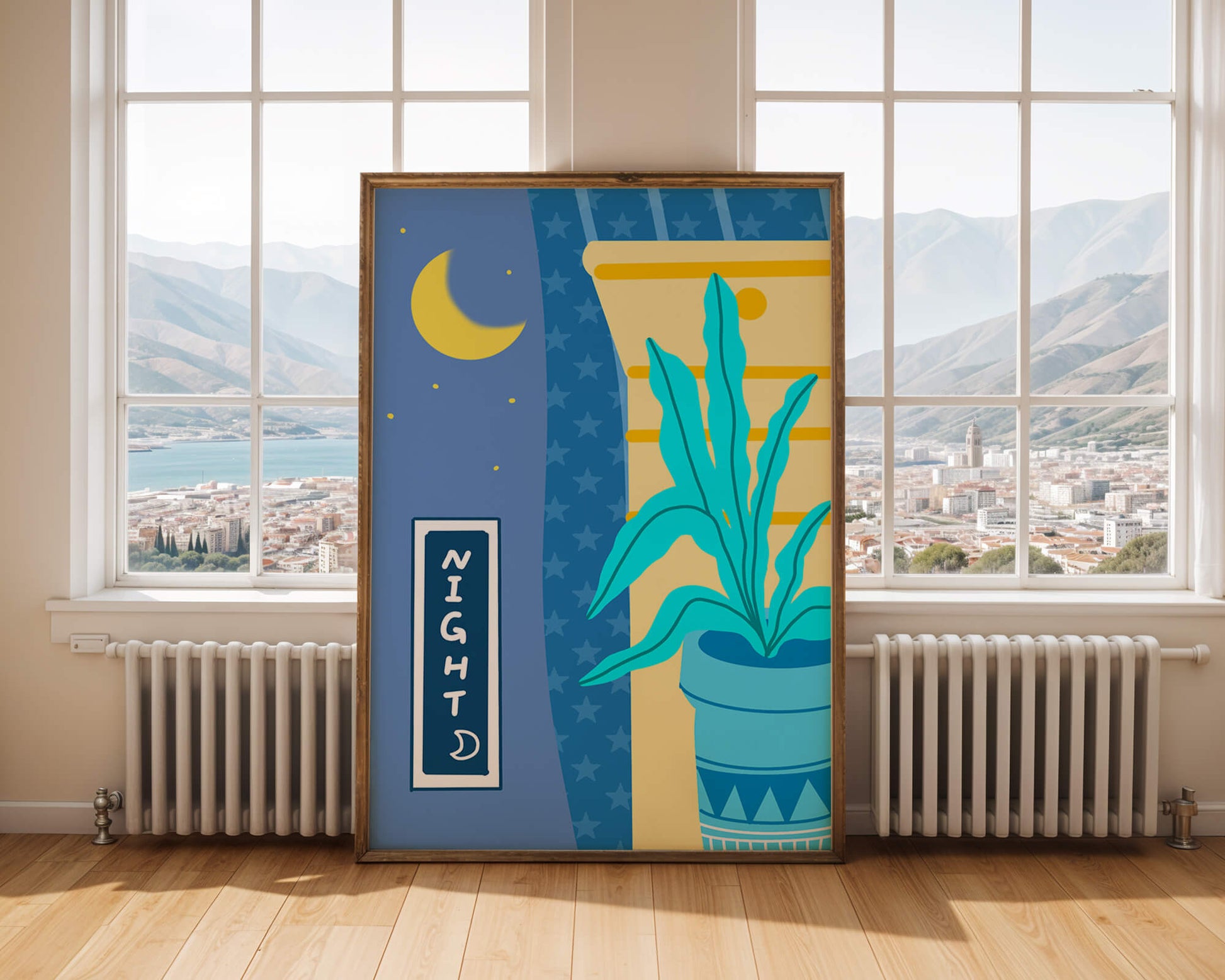 Nighttime plant illustration with crescent moon and starry background