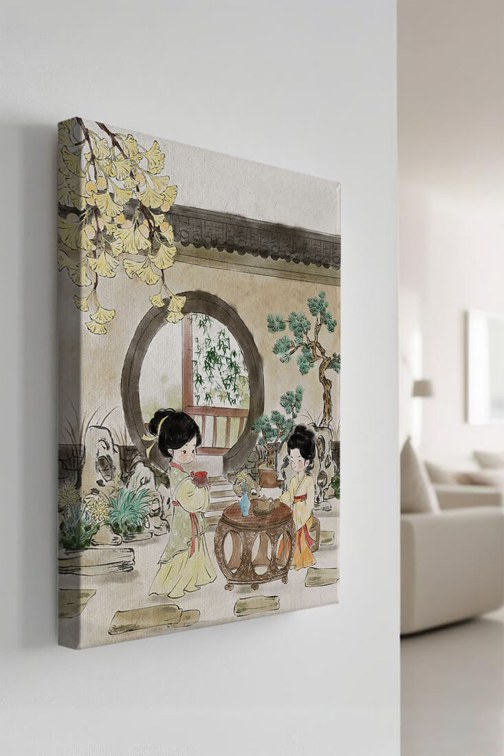 Serene traditional Chinese garden scene with women in elegant attire