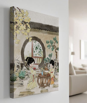 Scène sereine de jardin traditionnel chinois avec des femmes en tenue élégante