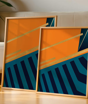 Moderne geometrische Abstraktion mit goldenen Elementen und kräftigen Farben 