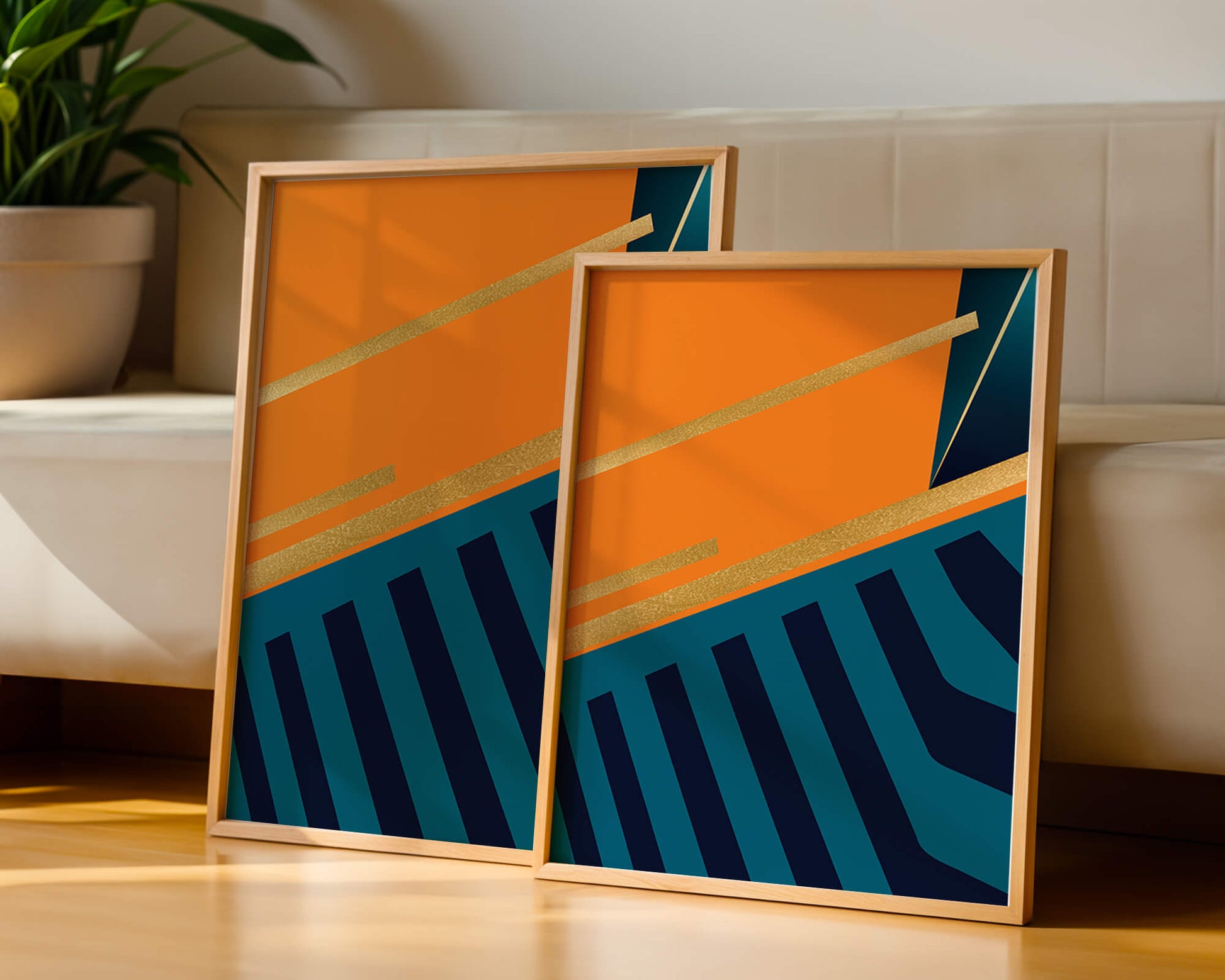 Moderne geometrische Abstraktion mit goldenen Elementen und kräftigen Farben 
