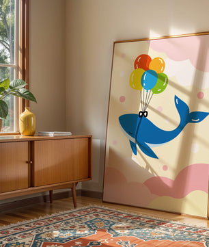 Skurriler Wal, der mit bunten Luftballons fliegt