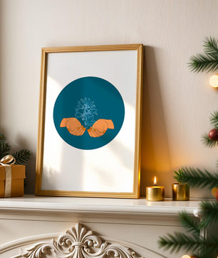 Illustration of Hands Holding a Plant with Teal Background