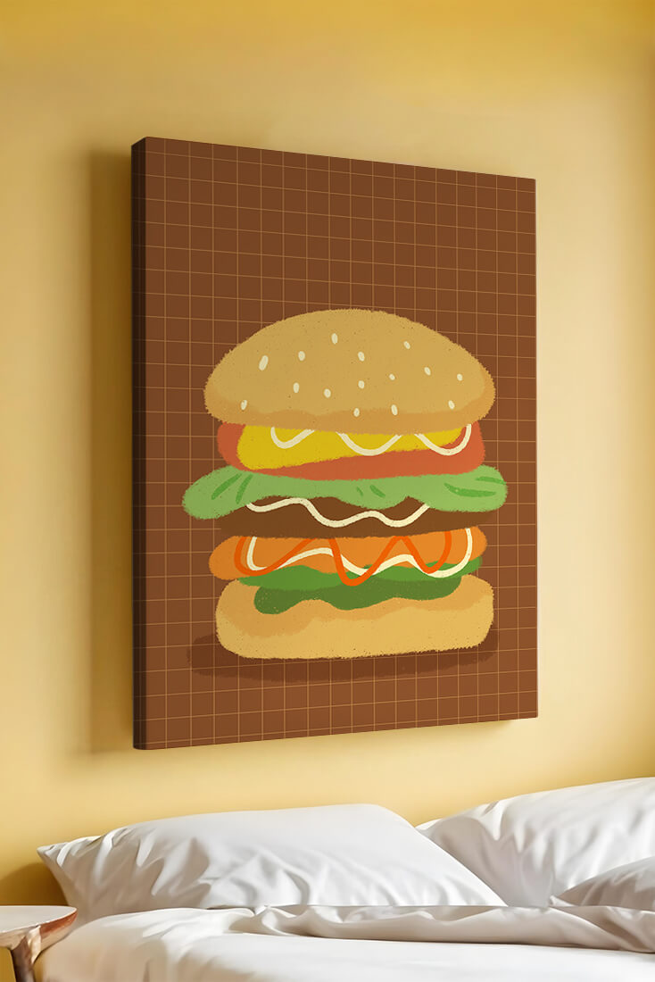 Illustrated cheeseburger with colorful layers on a grid background