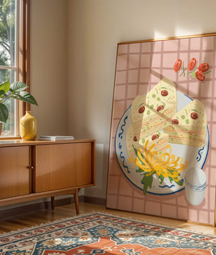 Illustration of layered cake on patterned plate with flowers and a cup