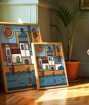 Bunte geometrische Küstendorf-Illustration mit Vögeln und Booten