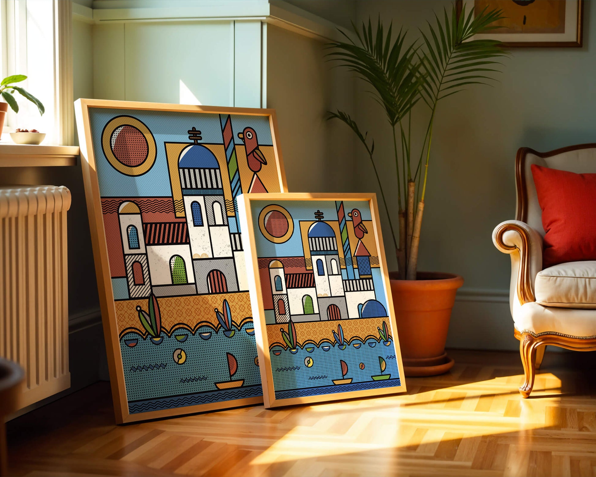 Bunte geometrische Küstendorf-Illustration mit Vögeln und Booten
