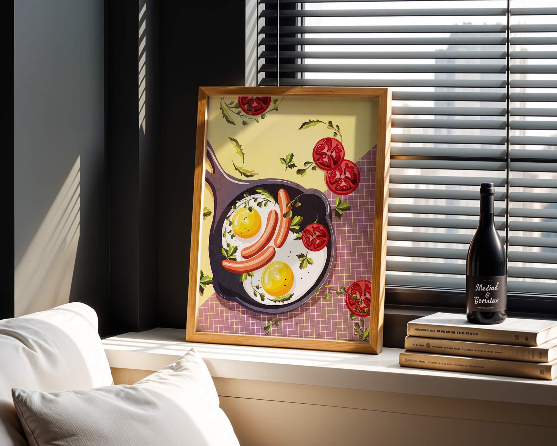 Fried Eggs and Sausages in Pan with Tomatoes and Herbs on Colorful Background