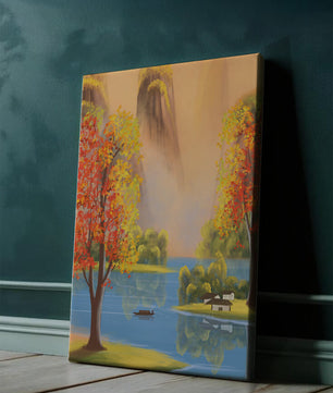 Paysage d'automne avec des arbres vibrants au bord d'un lac serein