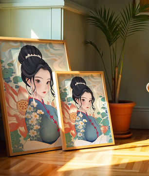 Una mujer elegante con vestido tradicional oriental con patrones florales y flores de loto