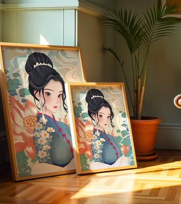 An Elegant Woman in Traditional Oriental Dress with Floral Patterns and Lotus Flowers