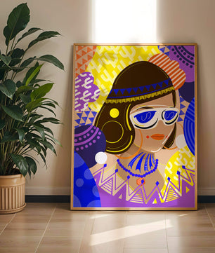 Portrait abstrait coloré avec des motifs géométriques vibrants