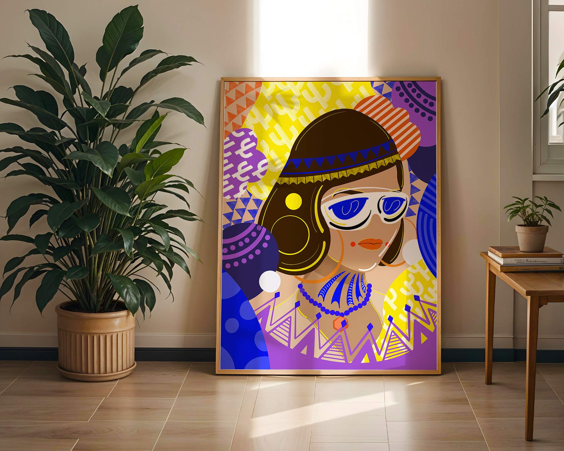 Portrait abstrait coloré avec des motifs géométriques vibrants