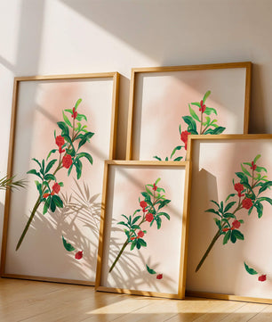 Ilustración detallada de una rama floreciente con flores rojas vivas y hojas verdes exuberantes
