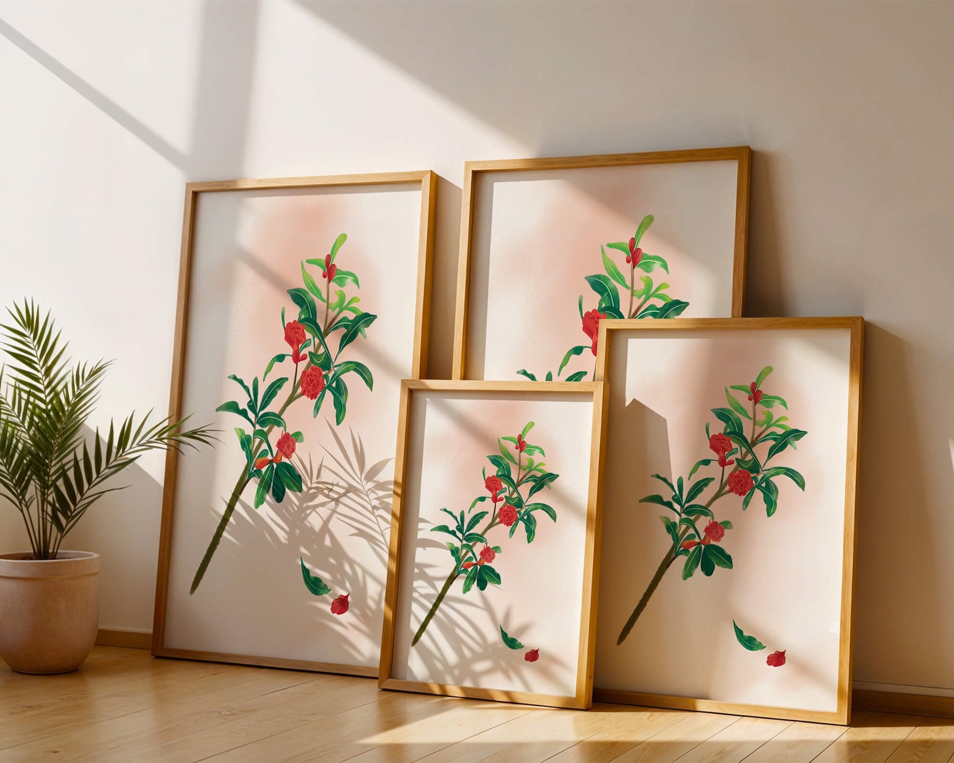 Detailed illustration of a flowering branch with vivid red blooms and lush green leaves