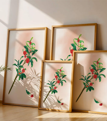 Detailed illustration of a flowering branch with vivid red blooms and lush green leaves