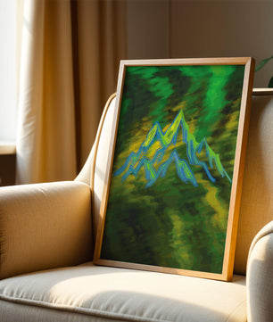 Abstract mountain landscape with vibrant colors and geometric lines