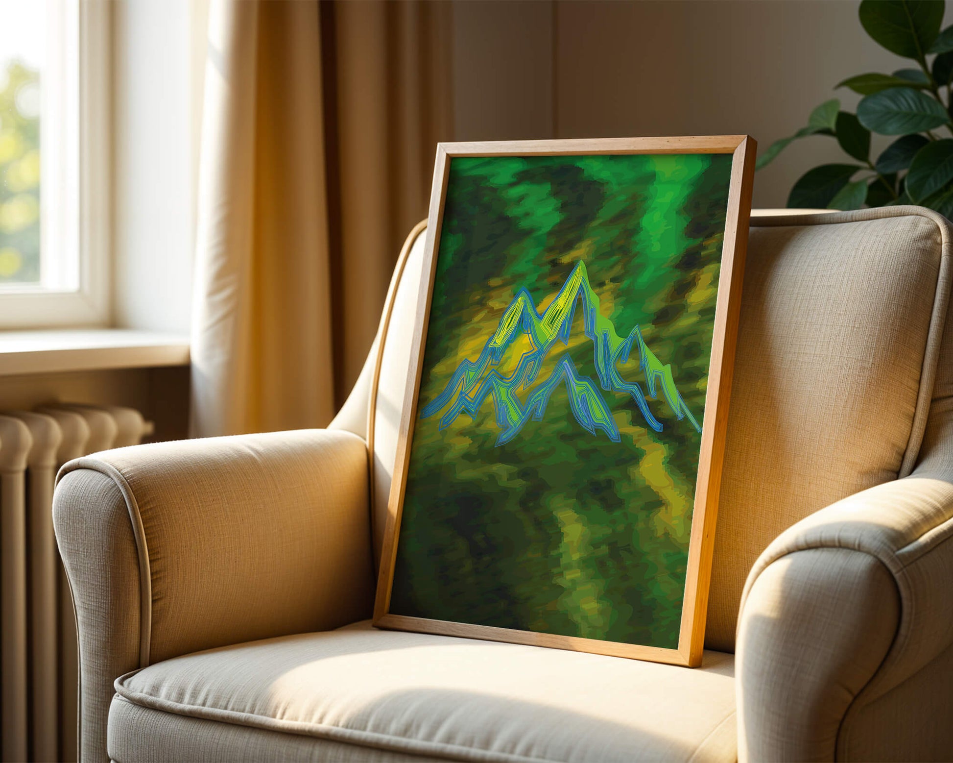 Abstract mountain landscape with vibrant colors and geometric lines