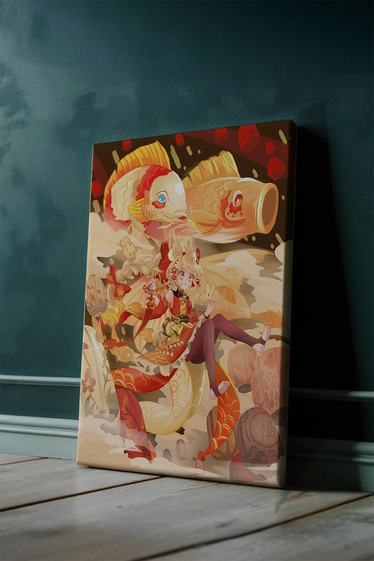 Vibrant anime character with mythical koi fishes and lanterns in dynamic scene