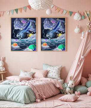Astronaut Exploring a Surreal Cosmic Ocean with a Glowing Whale