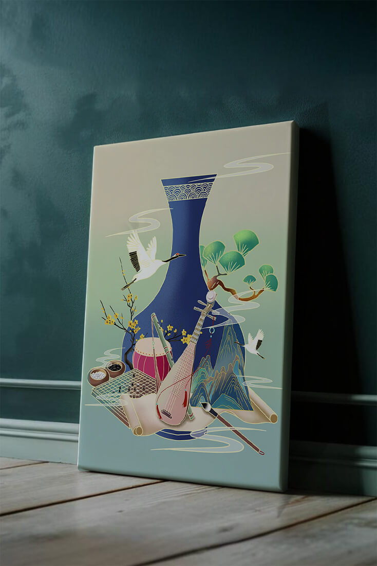 Traditional Asian art scene featuring vase, musical instruments, and cranes