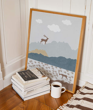 Majestic Deer and Mountain Landscape in Minimalist Style - Mi tienda