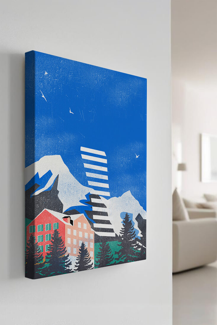 Mountain Resort in a Vibrant Landscape with Blue Sky and Birds