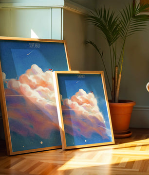 Whimsical illustration of superboy with dreamy cloudscape