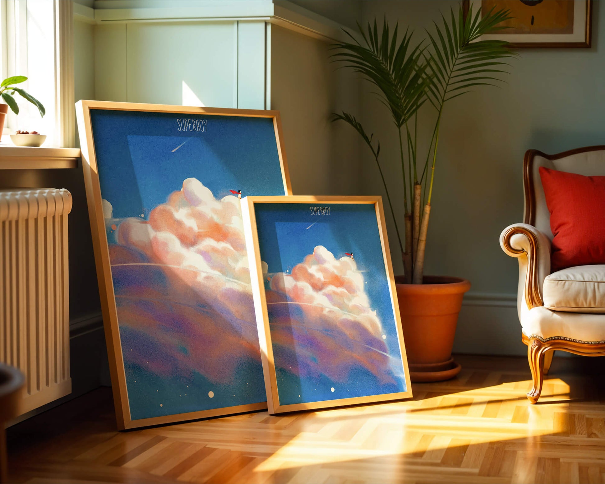 Whimsical illustration of superboy with dreamy cloudscape