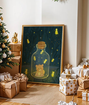 Charming teddy bear in a jar with glowing fireflies