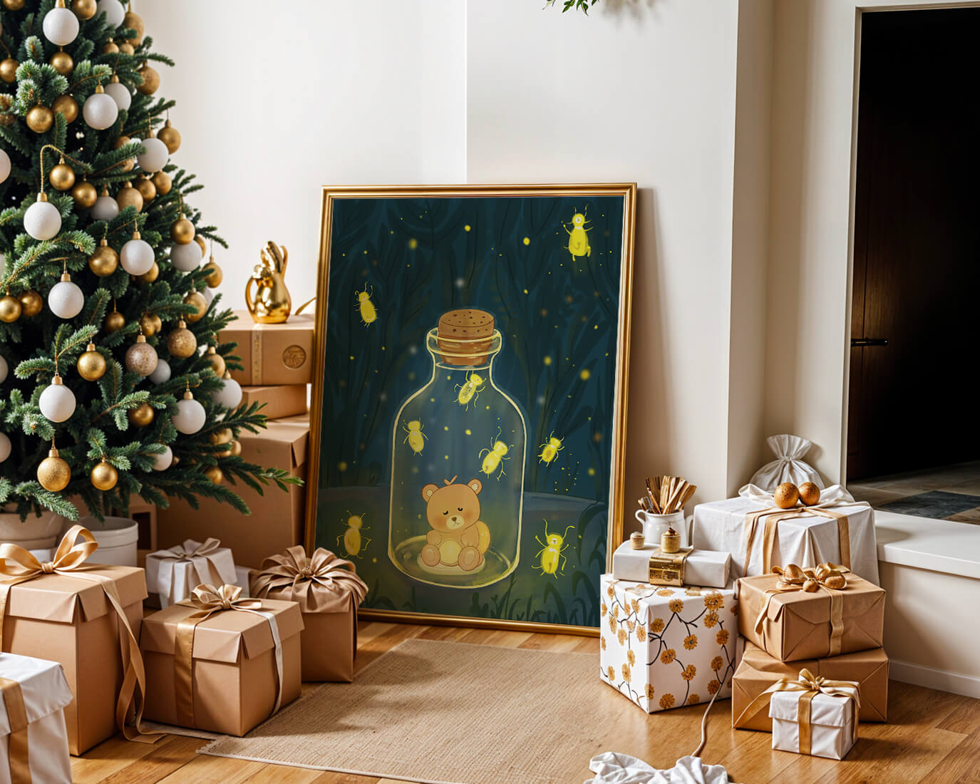 Charming teddy bear in a jar with glowing fireflies