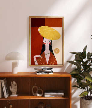 Elegant Woman with a Gold Hat and a Flower on a Red Background - Mi tienda