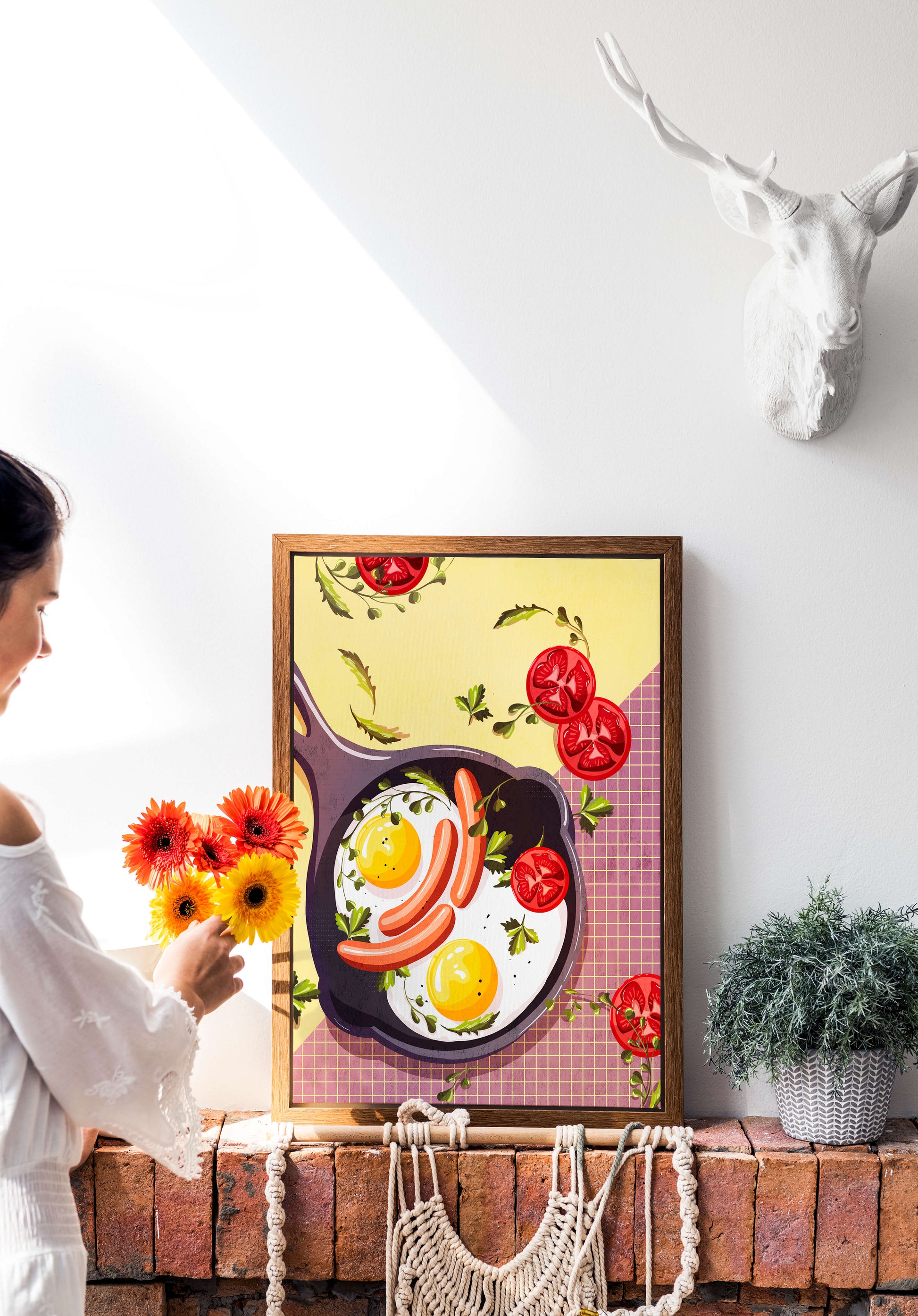 Fried Eggs and Sausages in Pan with Tomatoes and Herbs on Colorful Background