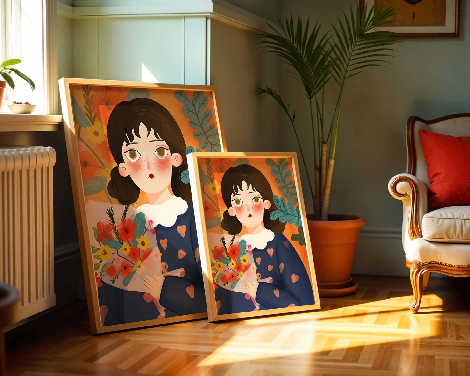 Ilustración colorida de una niña con flores rodeada de un fondo floral vibrante.
