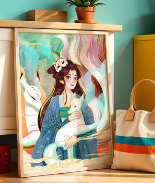 Œuvre de fantasy élégante mettant en scène une figure mystique accompagnée de renards et de couleurs vibrantes