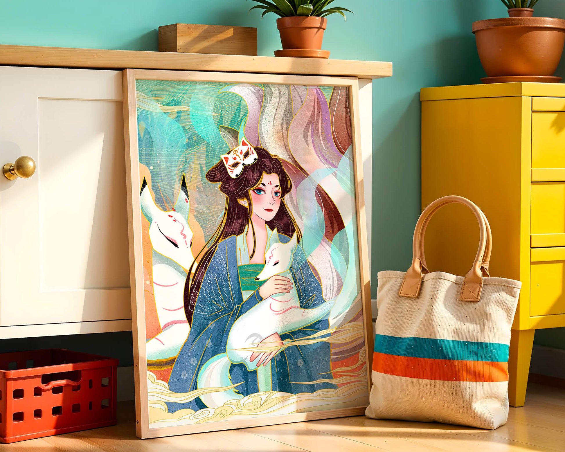 Elegant fantasy artwork featuring a mystical figure with foxes and vibrant colors