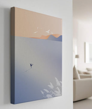 Serene Seaside with Dancer and Birds in Pastel Colors