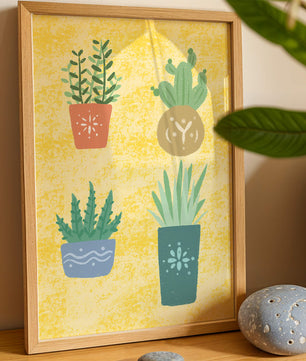 Illustrated potted plants on textured yellow background