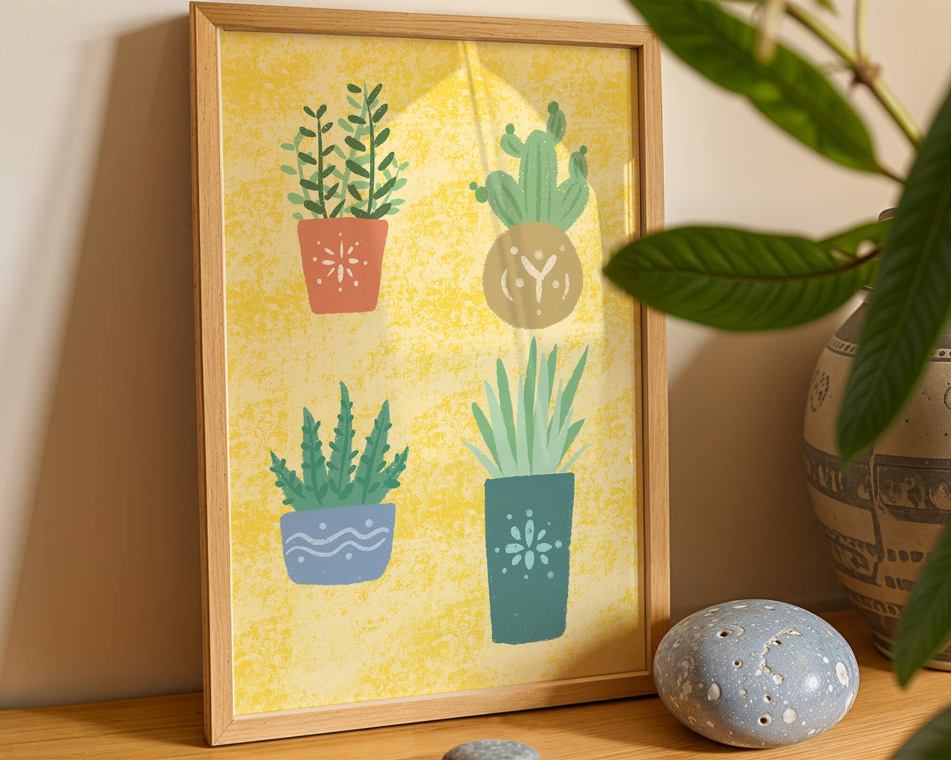 Illustrated potted plants on textured yellow background